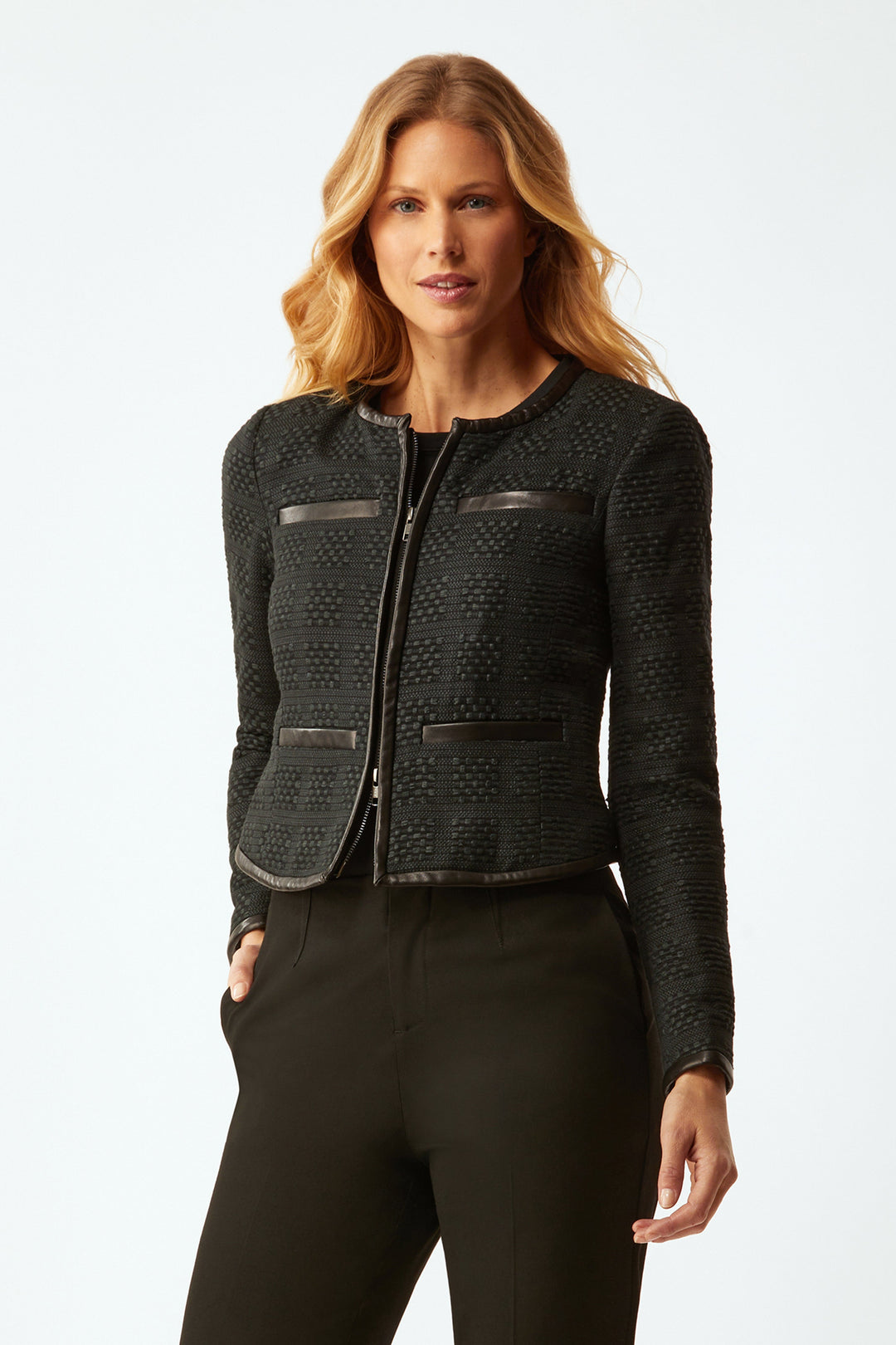 Tweed Jacket With Leather Trim - Black