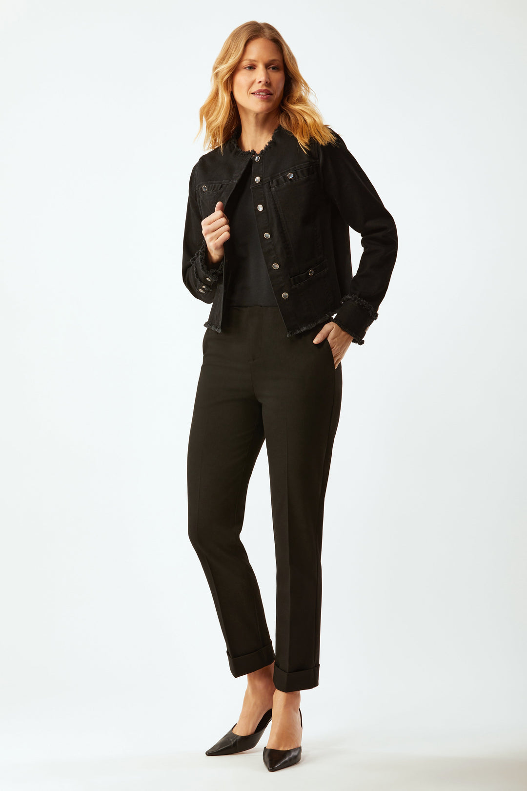 Collarless Jacket With Fray - Black