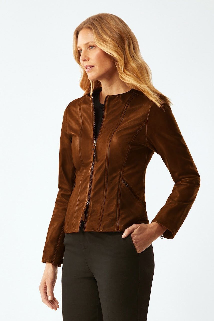 Waxed Leather Zip Jacket - Mink