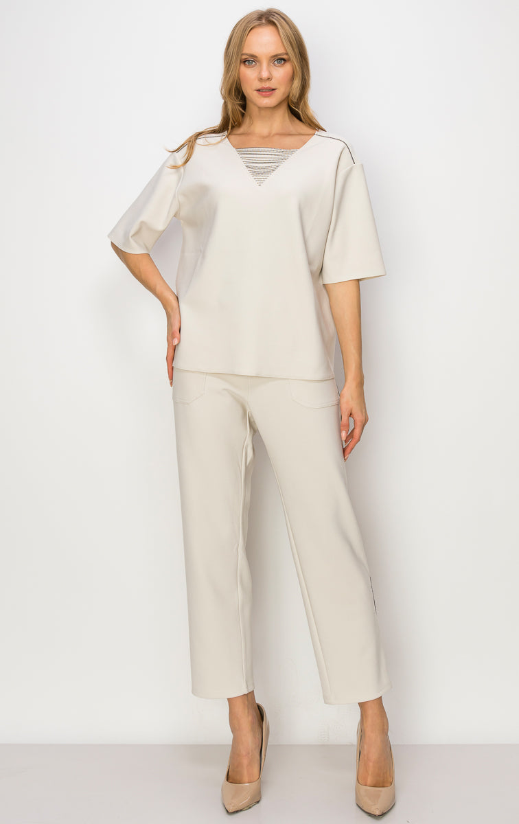 Kassie Crepe Knit Top with Beading Trim