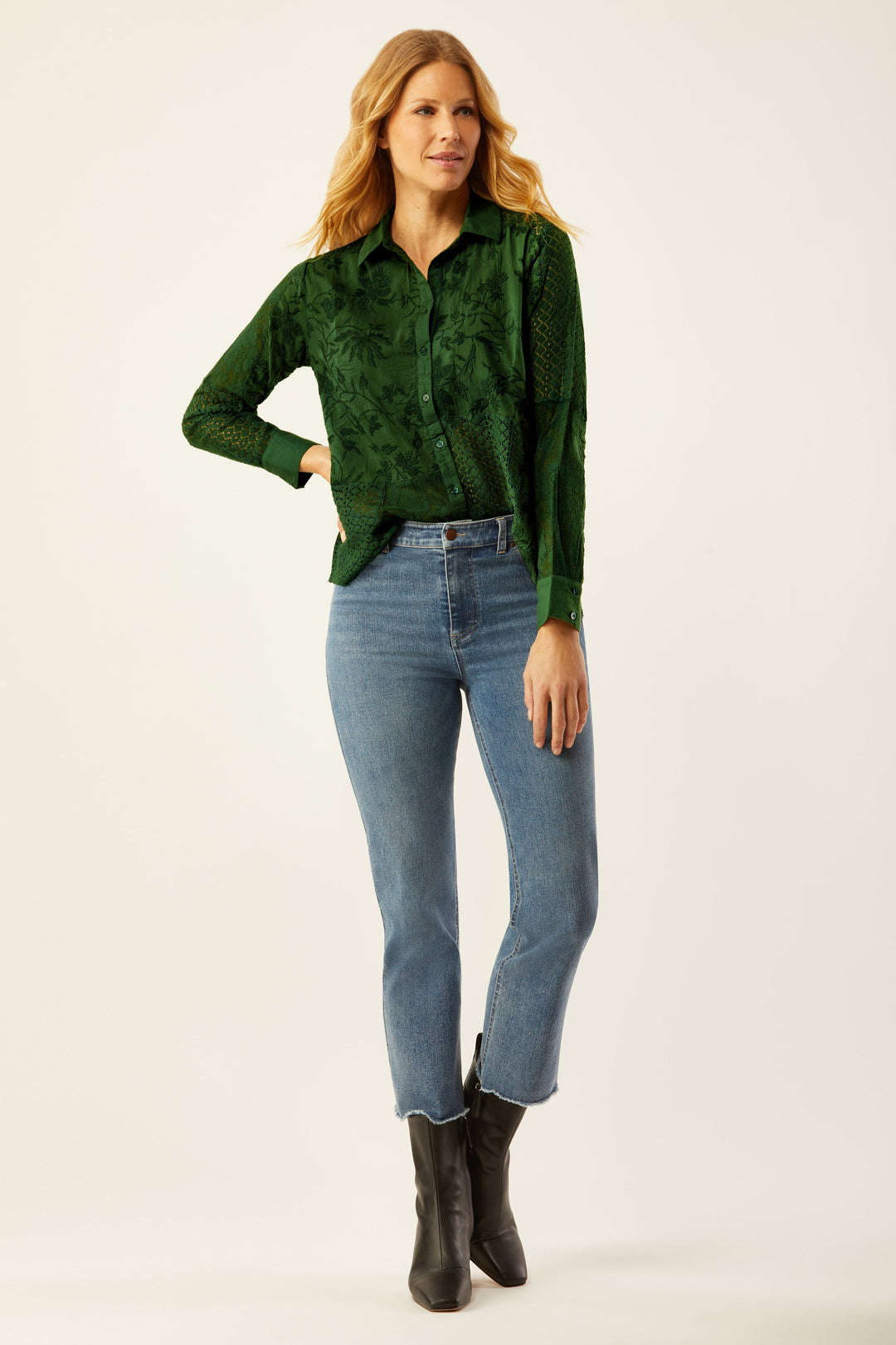 Streep Patchwork Embroidered Shirt - Cypress