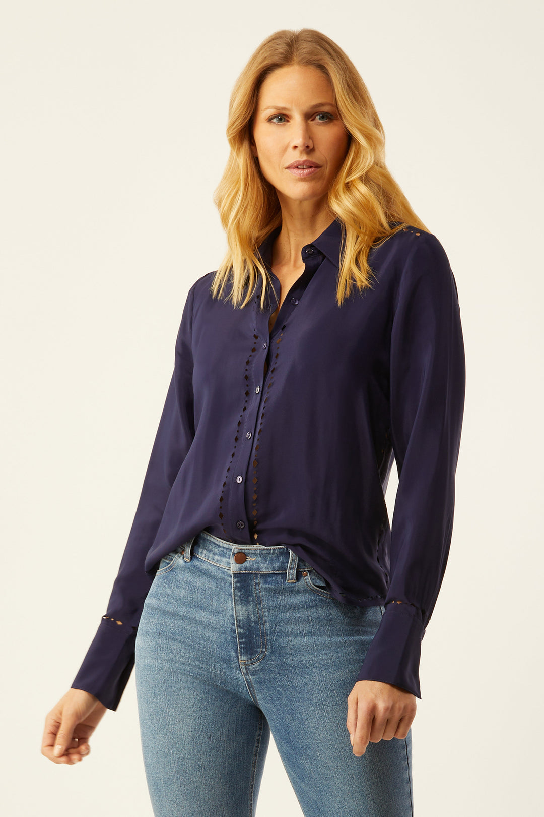 Streep Classic Shirt With Laser Cut In Silk - Evening Blue