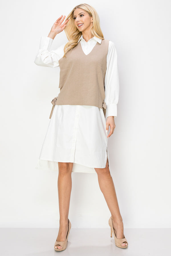 Whema Woven Shirt Dress with Detachable Sweater Knitted Vest