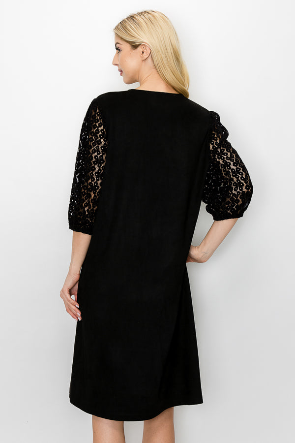 Angie Suede Dress with Crochet Lace Sleeves