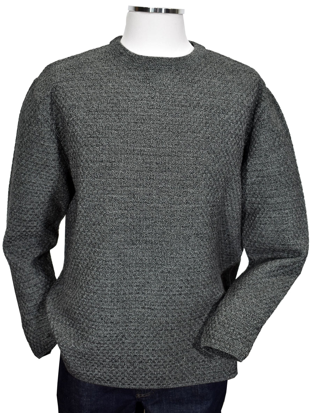 Marcello has a new take on the classic fisherman type knit sweater. The tonal jacquard stitching in mixed charcoal yarns creates an updated look to a classic. Contemporary styling yields the perfect mid weight item for classic or fashion looks.  Open tubular sleeve and bottom.  Extra fine Italian merino wool blended fabric.  Classic fit.
