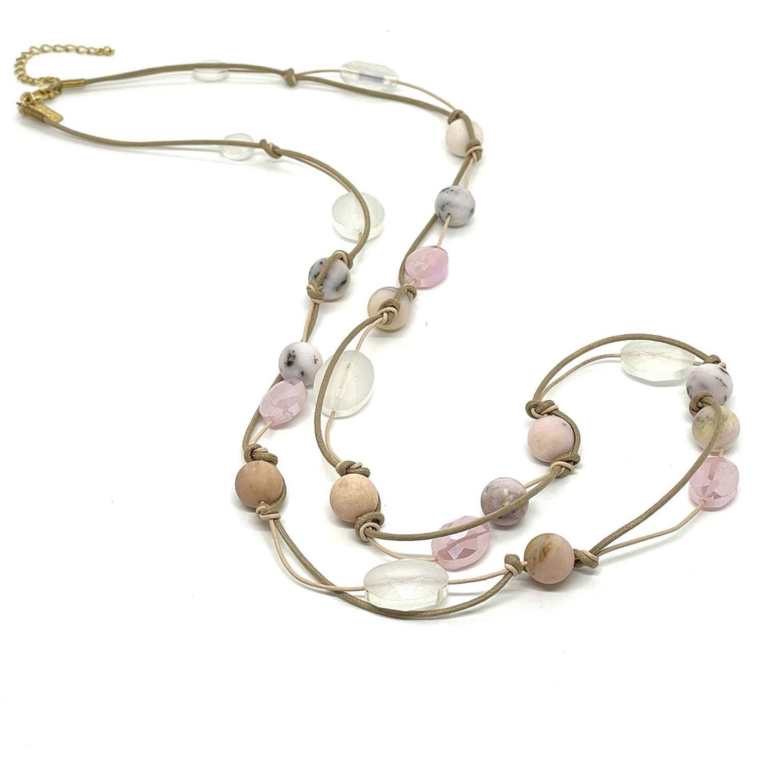 Natural Pink Opal Matte Crystal Natural Waxed Linen and Putty Leather Long Necklace