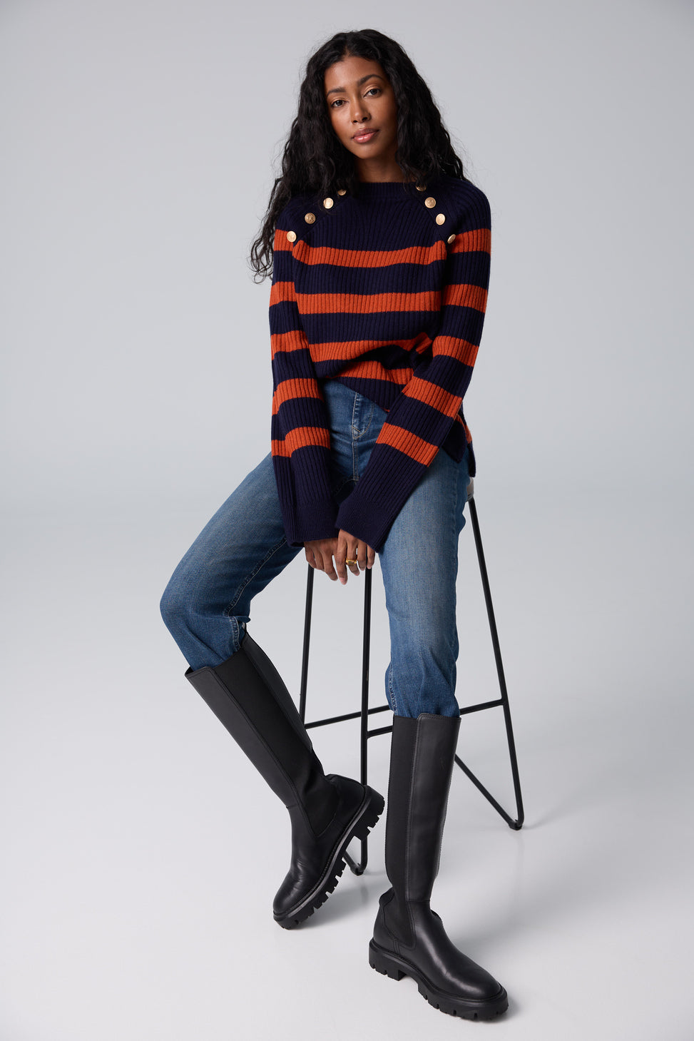 Boxy sailor stripe crew neck sweater with button detail