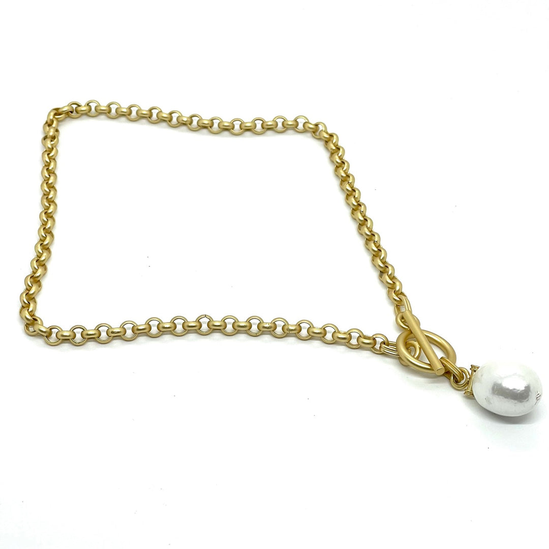 Cotton Pearl Bar Pendant Matte Gold Chain Necklace