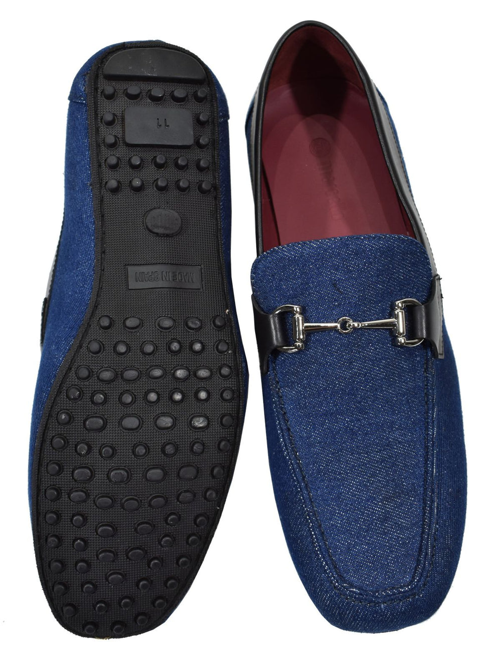 Send a fashion statement that is truly unique with our trend moccasin in denim blue fabric with leather trim and a sport rubber sole. The shoe fabric is denim jean fabric a gun metal accessory and comfort sole.  Classic fit, whole sizes only.  Designed and hand crafted in Spain. Shoe by Marcello.
