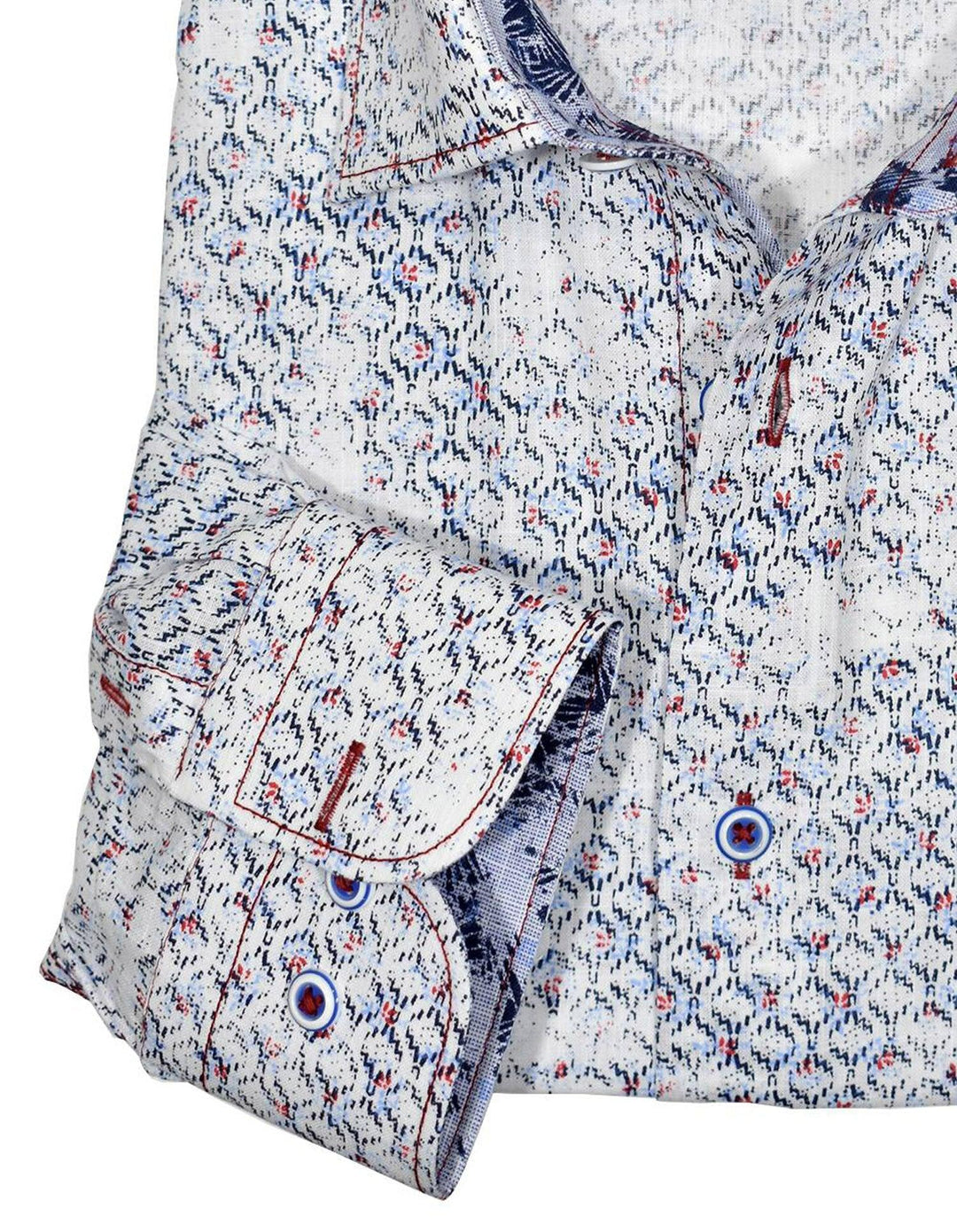 Exclusive soft cotton fabric. Unique, colorful fractured print. Excellent sport shirt with jeans. Classic trim fabric. Cool red stitching. Custom selected buttons. 2 button signature cuffs. Classic shaped fit.  Shirt by Marcello Sport.