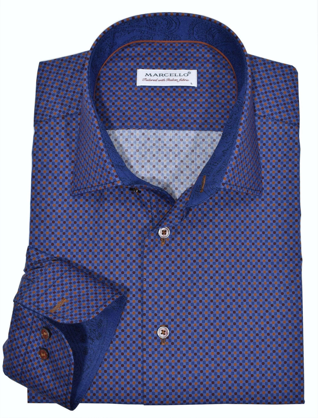 An outstanding combination of a classic window pane plaid pattern married with a colored dot pattern in complimentary colors.  The result is a sharp sport shirt perfect for dress or casual events.  Soft cotton sateen feels great on. Custom matched buttons and contrast stitch detailing. Matched trim fabric and contrast piping adds fashion style. Medium spread collar. Classic shaped fit, perfect for a medium build.  Shirt by Marcello Sport.