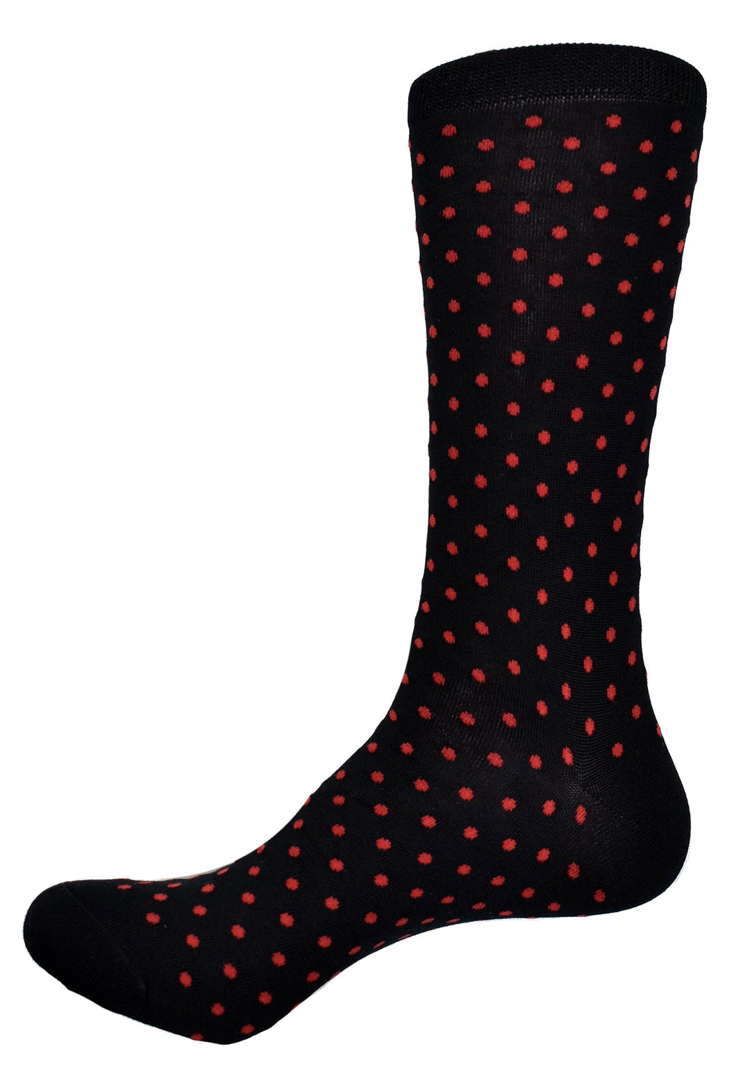 Soft cotton mid calf sock with a uniformly spaces eighth inch dot pattern.  Perfect for adding style to a basic sock or with dress pants.  Black ground with a red dot.   Fits sizes 9-12.