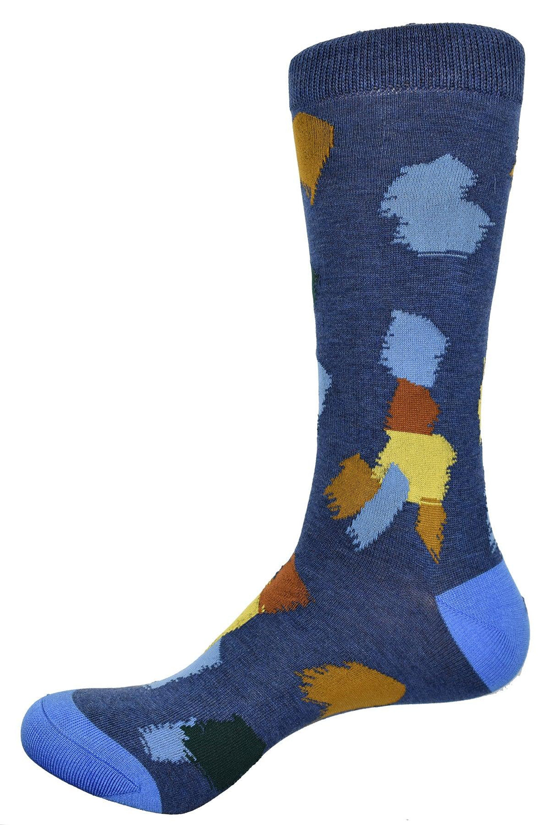 Cool abstract sock in a classic denim coloration with random paint markings.  Soft mercerized cotton. Mid calf height Fits size 9-13 Sock by Marcello Sport