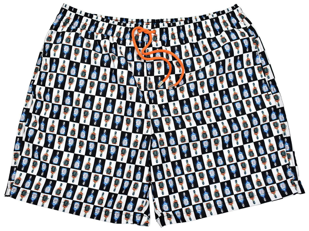 Our cool microfiber fabric swim shorts feature a unique pattern sure to set your image at the pool or beach.  Classic quick dry fabric. Elastic stretch waist band with fashion draw strings. Side slash pockets and back pocket. Mesh lining. Modern fit, order up one size if between sizes.  Bottles print, by Marcello Sport.